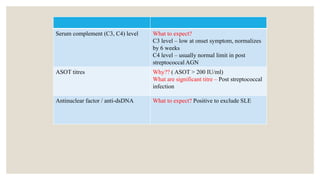 Serum complement (C3, C4) level What to expect?
C3 level – low at onset symptom, normalizes
by 6 weeks
C4 level – usually normal limit in post
streptococcal AGN
ASOT titres Why?? ( ASOT > 200 IU/ml)
What are significant titre – Post streptococcal
infection
Antinuclear factor / anti-dsDNA What to expect? Positive to exclude SLE
 