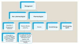 Management
Non- pharmacological Pharmacological
Penicillin V
(Prophylaxis/
treatment)
125mg BD (1-
5years), 250mg BD
(6-12years), 500mg
BD (>12years)
recommended
Human albumin
(20-25%)
0.5-1g/kg can be use in
symptomatic, grossly
oedematous case,
together with
IV Frusemide at 1-
2mg/kg
Diuretic Steroid therapy
Steroid-sparing
agents
 