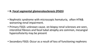 • B. Focal segmental glomerulosclerosis (FSGS)
• Nephrotic syndrome with microscopic hematuria, often HTN&
worsening renal impairment.
• Primary FSGS: unknown cause. on biopsy renal scleroses are seen,
interstitial fibrosis and focal tubal atrophy are common, mesangial
hypercellularity may be present
• Secondary FSGS: Occur as a result of loss of functioning nephrons
 