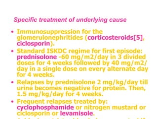 Specific treatment of underlying cause   Immunosuppression for the glomerulonephritides ( corticosteroids [5] ,  ciclosporin ).  Standard ISKDC regime for first episode:  prednisolone  -60 mg/m2/day in 3 divided doses for 4 weeks followed by 40 mg/m2/day in a single dose on every alternate day for 4 weeks.  Relapses by prednisolone 2 mg/kg/day till urine becomes negative for protein. Then, 1.5 mg/kg/day for 4 weeks.  Frequent relapses treated by:  cyclophosphamide  or nitrogen mustard or ciclosporin or  levamisole .  Achieving stricter blood glucose control if diabetic.  Blood pressure  control.  ACE inhibitors  are the drug of choice. Independent of their blood pressure lowering effect, they have been shown to decrease protein loss.  