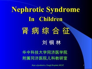 Nephrotic Syndrome In  Children 肾 病 综 合 征 华中科技大学同济医学院 附属同济医院儿科教研室 刘 铜 林  