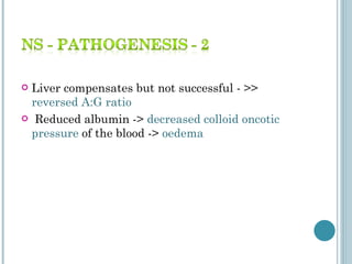 Liver compensates but not successful - >>  reversed A:G ratio Reduced albumin ->  decreased colloid oncotic pressure  of the blood ->  oedema  