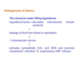 Pathogenesis of Edema :

   The classical under filling hypothesis
   hypoalbuminemia→decrease intravascular oncotic
                        pressure
                     ↓
   leakage of fluid from blood to interstitium
                     ↓
   ↓ intravascular volume
                     ↓
   activates sympathetic N.S. and RAS and promote
   vasopressin secretion & suppressing ANP release.
 