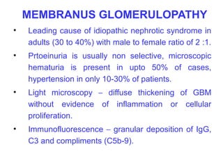 MEMBRANUS GLOMERULOPATHY
•   Leading cause of idiopathic nephrotic syndrome in
    adults (30 to 40%) with male to female ratio of 2 :1.
•   Prtoeinuria is usually non selective, microscopic
    hematuria is present in upto 50% of cases,
    hypertension in only 10-30% of patients.
•   Light microscopy – diffuse thickening of GBM
    without evidence of inflammation or cellular
    proliferation.
•   Immunofluorescence – granular deposition of IgG,
    C3 and compliments (C5b-9).
 