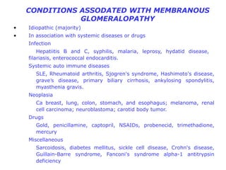 CONDITIONS ASSODATED WITH MEMBRANOUS
               GLOMERALOPATHY
•   Idiopathic (majority)
•   In association with systemic diseases or drugs
    Infection
        Hepatiitis B and C, syphilis, malaria, leprosy, hydatid disease,
    filariasis, enterococcal endocarditis.
    Systemic auto immune diseases
       SLE, Rheumatoid arthritis, Sjogren's syndrome, Hashimoto's disease,
       grave’s disease, primary biliary cirrhosis, ankylosing spondylitis,
       myasthenia gravis.
    Neoplasia
       Ca breast, lung, colon, stomach, and esophagus; melanoma, renal
       cell carcinoma; neuroblastoma; carotid body tumor.
    Drugs
       Gold, penicillamine, captopril, NSAIDs, probenecid, trimethadione,
       mercury
    Miscellaneous
       Sarcoidosis, diabetes mellitus, sickle cell disease, Crohn's disease,
       Guillain-Barre syndrome, Fanconi's syndrome alpha-1 antitrypsin
       deficiency
 