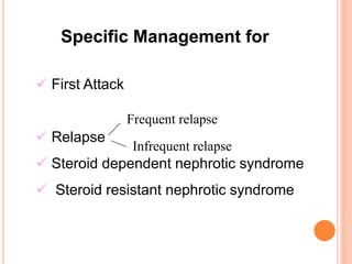 Specific Management for
 First Attack
 Relapse
 Steroid dependent nephrotic syndrome
 Steroid resistant nephrotic syndrome
Frequent relapse
Infrequent relapse
 
