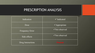 Indication  Indicated
Dose Appropriate
Frequency Error
Not observed
Side effects
Not observed
Drug Interactions Present
PRESCRIPTION ANALYSIS
 