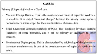CAUSES
Primary (Idiopathic) Nephrotic Syndrome:
• Minimal Change Disease: This is the most common cause of nephrotic syndrome
in children. It is called "minimal change" because the kidney tissue appears
normal under a microscope, but there are functional abnormalities.
• Focal Segmental Glomerulosclerosis (FSGS): This condition involves scarring
(sclerosis) of some glomeruli, and it can be primary or secondary to other
diseases.
• Membranous Nephropathy: This is characterized by thickening of the glomerular
basement membrane and is one of the common causes of nephrotic syndrome in
adults.
 