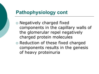 Pathophysiology cont
 Negatively charged fixed
components in the capillary walls of
the glomerular repel negatively
charged protein molecules
 Reduction of these fixed charged
components results in the genesis
of heavy proteinuria
 