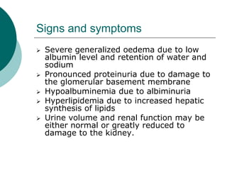 Signs and symptoms
 Severe generalized oedema due to low
albumin level and retention of water and
sodium
 Pronounced proteinuria due to damage to
the glomerular basement membrane
 Hypoalbuminemia due to albiminuria
 Hyperlipidemia due to increased hepatic
synthesis of lipids
 Urine volume and renal function may be
either normal or greatly reduced to
damage to the kidney.
 