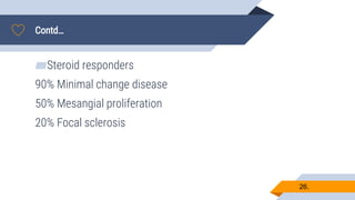 Contd…
26.
▰Steroid responders
90% Minimal change disease
50% Mesangial proliferation
20% Focal sclerosis
 