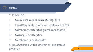 Contd…
6.
2. Idiopathic
I. Minimal Change Disease (MCD) - 85%
II. Focal Segmental Glomeruloscrelosis (FSGSS)
III. Membranoproliferative glomerulonephritis
IV. Mesangial proliferation
V. Membranous nephropathy
>80% of children with idiopathic NS are steroid
sensitive.
 