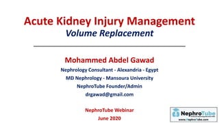 Acute Kidney Injury Management
Volume Replacement
Mohammed Abdel Gawad
Nephrology Consultant - Alexandria - Egypt
MD Nephrology - Mansoura University
NephroTube Founder/Admin
drgawad@gmail.com
NephroTube Webinar
June 2020
 