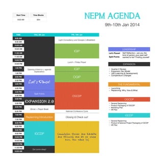 Start Time
9:00 AM

NEPM AGENDA

Time Blocks
30m

9th-10th Jan 2014
TIME

THU, 9th Jan

9:00 AM

FRI, 10th Jan

Light Consultancy and Gossips (+Breakfast)

9:30 AM
10:00 AM
10:30 AM

IGIP

11:00 AM

12:00 PM

Lunch + Friday Prayer

12:30 PM

1:30 PM

Opening (check in + agenda
explanation)

3:00 PM

IGIP

4:30 PM
5:00 PM
5:30 PM

✴
✴

Split Points

OGCDP
✴
✴

6:30 PM

7:30 PM

Replanning Introduction

✴

National Conference Cycle

✴
✴

9:00 PM

IGCDP

10:00 PM
10:30 PM
11:00 PM

12:00 AM

Get some sleep!

Commission Dinner and Karaoke
and Pictures and all of those
fun, you name it!

General Replanning

Product Packaging of OGCDP

Marketing Plan

HR Plan

IGCDP
✴

8:30 PM

11:30 PM

✴

Closing & Check out!

8:00 PM

9:30 PM

Launching

Replanning: Why, How & What

OGCDP

Expansion 2.0
Dinner + Prayer Break

Quarter 2 Review
Expansion Dev Model
L&D (Learning & Development)
Compendium Changes

THE FUNDAMENTAL

6:00 PM

7:00 PM

✴

Let’s Pause!

3:30 PM
4:00 PM

✴
✴

OGIP

Self Reﬂection—are you the
kind of person your past-self
wanted to be? Finding yourself
of who you’ve become

EXPANSION

✴

2:00 PM
2:30 PM

Let’s Pause!
Split Points

11:30 AM

1:00 PM

LEADERSHIP

General Replanning

Product & National Project Packaging of iGCDP

HR Plan

 