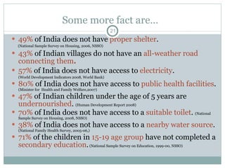 Some more fact are… 49%  of India does not have  proper shelter .  (National Sample Survey on Housing, 2006, NSSO) 43%  of Indian villages do not have an  all-weather road connecting them . 57%  of India does not have access to  electricity .  (World Development Indicators 2008, World Bank) 80%  of India does not have access to  public health facilities .  (Minister for  Health and Family Welfare,2007) 47%  of Indian children under the age of 5 years are  undernourished .  (Human Development Report 2008) 70%  of India does not have access to a  suitable toilet .  (National Sample Survey on Housing, 2008, NSSO) 38%  of India does not have access to a  nearby water source .  (National Family Health Survey, 2005-06,) 71%  of the children in  15-19 age group  have not completed a  secondary education .  (National Sample Survey on Education, 1999-00, NSSO) 