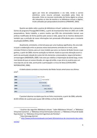 agora por meio de computadores e via rede, tendo o correio
                           eletrônico como recurso principal, secundado pelas listas de
                           discussão. Entre os recursos construídos de forma digital ou virtual,
                           são relevantes os sites de eventos e as bibliotecas virtuais e digitais,
                           muito utilizados por pesquisadores brasileiros (PINHEIRO, 2003).


        Quanto aos dados sobre usuários de bibliotecas virtuais6, podemos citar a pesquisa de
Gomes do programa Prossiga/IBICT/CNPq7, a partir do levantamento feito em 2002 com 3.449
pesquisadores. Neste trabalho, a autora revelou que 85% dos entrevistados tiveram suas
práticas modificadas de forma positiva pelo acesso à rede, apesar de os mesmos destacarem
também que a profusão de novas informações tem provocado dificuldades para a constante
atualização (GOMES, 2004).

        Atualmente, entretanto, a Internet passa por uma mudança significativa. De uma rede
na qual a colaboração entre as pessoas estava basicamente centrada em e-mails, como
constata Pinheiro e Gomes, para um novo modelo que veio a se chamar de Redes Sociais e que
ganhou, a partir de 2004, enorme aceitação na Internet. Avalia-se que esta alteração ocorre a
partir da acentuada redução de custos de três elementos: processadores, largura de banda e
armazenagem (ANDERSON, 2009). Fato este que viabiliza a implantação da banda larga, muito
mais barata do que um acesso discado, em voga até então, o que atrai os usuários para um
novo tipo de uso da rede, acentuando a participação e a troca de ideias (CAVALCANTI,
NEPOMUCENO, 2006).

           A tabela abaixo constata o crescimento das Redes Sociais americanas nos últimos
     8
anos .




       É possível observar na tabela que há um forte crescimento, a partir de 2006, saltando
de 60 milhões de usuários para quase 100 milhões no final de 2009.




           Usuários das seguintes Bibliotecas virtuais: "sobre Bibliotecas Virtuais", a "Biblioteca
           6


Virtual de Economia", a "Biblioteca Virtual de Estudos Culturais", a "Biblioteca Virtual de Saúde
Reprodutiva" e a "Biblioteca Virtual de Engenharia de Petróleo".
         7
           http://prossiga.ibict.br/
         8
            http://www.profissionaisdeweb.com/web-20/estatisticas-de-crescimento-das-redes-
sociais/
                                                                                                 6
 