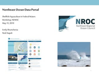 1
Northeast Ocean Data Portal
Shellfish Aquaculturein Federal Waters
Workshop,NEMAC
May15, 2019
EmilyShumchenia
NickNapoli
 