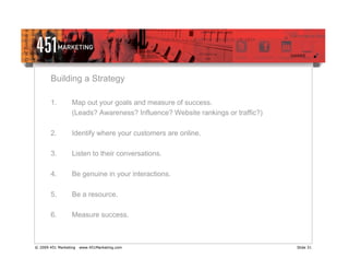 Building a Strategy

       1.         Map out your goals and measure of success.
                  (Leads? Awareness? Influence? Website rankings or traffic?)

       2.         Identify where your customers are online.

       3.         Listen to their conversations.

       4.         Be genuine in your interactions.

       5.         Be a resource.

       6.         Measure success.



© 2009 451 Marketing   www.451Marketing.com                                     Slide 31
 