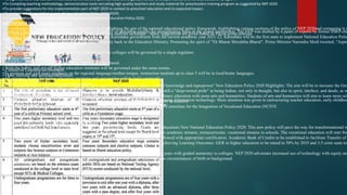 •To Significance of a preschool infrastructure, trained and qualified teachers to guide, monitor and supervise early childhood education program.
•To Compiling teaching methodology, demonstration tools recruiting high quality teachers and study material for preschoolers training program as suggested by NEP 2020.
•To provide suggestions for the implementation part of NEP 2020 in context to preschool education and its expected impact.
•To make a set of population aware of new education Policy (NEP 2020).
•To gauge opinion of education related professionals on National Education Policy 2020.
METHODOLOGY OF THE STUDY
The methodology consists of a conceptual discussion on highlighting the gist of the national educational policy framework, highlighting various sections of the policy of NEP 2020and comparing it w
The implications of the policy are analysed using the predictive analysis technique . Many suggestions are given based on Focus group analysis
Highlights of National Education Policy 2020 (NEP)
• Institutional restructuring and reconsolidation:
• Three types of institutions:
• High-quality liberal education:
• Flexible curricular structure:
• Flexibility in Master's Programs:
• Conducive Learning environment:
• Open learning and Internationalization:
• Empowering Faculty:
New Education Policy 2020 Enlighten Highlights: Key notes of NEP to make India a ‘Global knowledge and superpower’ New Education Policy 2020 Highlights: The aim will be to increase the Gro
National Education Policy 2020 Present updates: One of the stated aims of the policy is to instill a “deep-rooted pride” in being Indian, not only in thought, but also in spirit, intellect, and deeds, as w
Even engineering institutions, such as IITs, will move towards more holistic and multidisciplinary education with more arts and humanities. Students of arts and humanities will aim to learn more sci
•‘Lok Vidya’, i.e., important vocational knowledge developed in India, will be made accessible to students.
•The HRD ministry, which could be renamed education ministry, would constitute a National Committee for the Integration of Vocational Education (NCIVE
• The policy also speaks for creating a National Research Foundation (NRF).
• The policy also mentions the creation of a Higher Education Commission of India (HECI).
NEP Policy 2020: Higher Education Key Highlights:
Cabinet Committee of Central government has finally approved MHRD (Now Ministry of Education) New National Education Policy 2020. This new policy will pave the way for transformational re
There would be emphasis on foundational literacy and numeracy, no rigid separation between academic streams, extracurricular, vocational streams in schools. The vocational education will start fro
Higher Education curriculum to have Flexibility of Subjects and multiple entry / exit to be allowed with appropriate certification. Academic Bank of Credits to be established to facilitate Transfer of
Assessment reforms with 360 degree Holistic Progress Card, tracking Student Progress for achieving Learning Outcomes. GER in higher education to be raised to 50% by 2035 and 3.5 crore seats to
New National Education Policy (NEP)
In the New National Education Policy (NEP) 2020, affiliation system to be phased out in 15 years with graded autonomy to colleges. NEP 2020 advocates increased use of technology with equity and
NEP 2020 aims to ensure that no child loses any opportunity to learn and excel because of the circumstances of birth or background.
New NEP Policy
National Education Policy is introduced to enhance the quality of education equally for strengthening India as the global superpower. The NEP was drafted by a panel of experts by former ISRO chi
National Education Policy 2020, will be implemented by the Karnataka government from the current academic year 2021-22. Karnataka will be the first state to implement National Education Polic
The new NEP also includes the renaming of the HRD Ministry back to the Education Ministry. Promoting the spirit of “Ek Bharat Shreshtha Bharat”, Prime Minister Narendra Modi tweeted, “Aspec
Highlights of the New Education Policy
•All higher education institutes excluding the medical and law colleges will be governed by a single regulator.
• MPhil courses will now be terminated.
• Board exams will now be more application and knowledge-based.
• Both the public and private higher education institutes will be governed under the same norms.
•To promote and give more emphasis on the regional language/mother-tongue, instruction medium up to class 5 will be in local/home languages.
•All entrance exams for higher education institutes and universities will be held commonly.
•School curriculum to focus more on core concepts.
•Vocational education will also be imparted from 6th grade onwards.
Comparison of new NEP 2020 with Existing NEP :
The 1986 National Education policy focussed on the modernization of the education sector using information technology. More attention was given to restructuring teacher education, early childhoo
Table Comparison of National Education policy 1986 & National Education policy 2020.
 