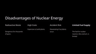 Disadvantages of Nuclear Energy
Radioactive Waste
Dangerous for thousands
of years.
High Costs
Expensive to build plants.
Accident Risk
Devastating if accidents
occur.
Limited Fuel Supply
The fuel for nuclear
reactors, like uranium, is
limited
 
