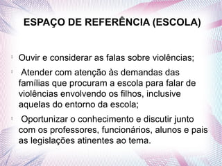 ESPAÇO DE REFERÊNCIA (ESCOLA)



    Ouvir e considerar as falas sobre violências;

     Atender com atenção às demandas das
    famílias que procuram a escola para falar de
    violências envolvendo os filhos, inclusive
    aquelas do entorno da escola;

     Oportunizar o conhecimento e discutir junto
    com os professores, funcionários, alunos e pais
    as legislações atinentes ao tema.
 