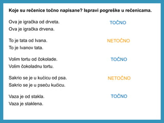 Koje su rečenice točno napisane? Ispravi pogreške u rečenicama.
Ova je igračka od drveta.
Ova je igračka drvena.
To je tata od Ivana.
To je Ivanov tata.
Volim tortu od čokolade.
Volim čokoladnu tortu.
Sakrio se je u kućicu od psa.
Sakrio se je u pseću kućicu.
Vaza je od stakla.
Vaza je staklena.
TOČNO
NETOČNO
TOČNO
NETOČNO
TOČNO
 