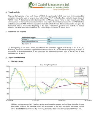 3. Trend Analysis
Nepse at the beginning of last week closed at 930.38. It experienced a bullish trend most of the week and its
correction phase also seem to have reversed after hitting 917.97 on Sunday. Last week, the index started at
924.60 points. A dramatic rise in the banking sector on Monday caused Nepse to enjoy modest gains. The
announcement of National Insurance Committee to raise capital of non-life insurance sector to NPR 40 billion
and life insurance to NPR 50 billion steered the market to a bullish trend. The insurance sector also gave the
benchmark index a boost at the beginning of the week. Furthermore, positive news on CDC to finalize
tentative first draft of the new constitution also caused Nepse to continue its bullish move.
4. Resistance and Support
Immediate Support 913.02
Support 2 900
Immediate Resistance 950.97
Resistance 2 972
At the beginning of last week, Nepse crossed below the immediate support level of 919 to end at 917.97.
Currently, the revised immediate support and resistance stands at 913.02 and 950.97 respectively. If Nepse is
to continue its bullish momentum, it will cross over the immediate resistance level of 950.97, and its next
resistance will be at 972. .
5. Nepse Trend Indicator
a.) Moving Average
180 days moving average (MA) has been acting as an immediate support level to Nepse index for the past
two weeks. However, the 180 MA turned into a resistance to the index last week. The index crossed
above the 180 MA line on the last day of trading. Currently, the index is between 20 and 180 days MA.
 