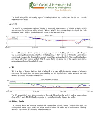 The 5 and 20 days MA are showing signs of bouncing upwards and crossing over the 180 MA, which is
supportive to the index.
b.) MACD
The MACD is a momentum oscillator formed by using two different types of moving averages, which
provides specific buying or selling signals. When a MACD line crosses above the signal line, it is
considered to be a positive sign and indicates a time to buy, and vice-versa.
The Macd line remained in the positive territory throughout last week. The gap between Macd and signal
line has converged significantly. The Macd at the beginning of the week was at 0.44 and it declined most
of the week. However, by the end of the week it moved back up to end at 0.49. The signal line has been
moving up all of last week to end at -0.12. It seems that it will come out of the negative zone in the
coming days, still signifying a bullish trend.
c.) RSI
RSI is a form of leading indicator that is believed to be most effective during periods of sideways
movement. Such indicators may create numerous buy and sell signals that are useful when the market is
not clearly trending upwards or downwards.
The RSI was at 46.49 level at the beginning of the week. Throughout the week, it made a steady gain to
close at 51.78 level. The RSI has been moving in a neutral position for the past few weeks.
d.) Bollinger Bands
The Bollinger Band is a technical indicator that consists of a moving average (21-day) along with two
trading bands above (upper band) and below it (lower band). The bands are an indication of volatility,
which are represented by calculating standard deviation.
 