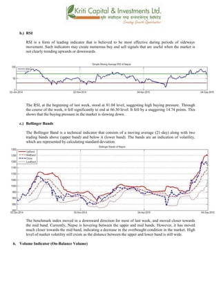 b.) RSI
RSI is a form of leading indicator that is believed to be most effective during periods of sideways
movement. Such indicators may create numerous buy and sell signals that are useful when the market is
not clearly trending upwards or downwards.
The RSI, at the beginning of last week, stood at 81.04 level, suggesting high buying pressure. Through
the course of the week, it fell significantly to end at 66.30 level. It fell by a staggering 14.74 points. This
shows that the buying pressure in the market is slowing down.
c.) Bollinger Bands
The Bollinger Band is a technical indicator that consists of a moving average (21-day) along with two
trading bands above (upper band) and below it (lower band). The bands are an indication of volatility,
which are represented by calculating standard deviation.
The benchmark index moved in a downward direction for most of last week, and moved closer towards
the mid band. Currently, Nepse is hovering between the upper and mid bands. However, it has moved
much closer towards the mid band, indicating a decrease in the overbought condition in the market. High
level of market volatility still exists as the distance between the upper and lower band is still wide.
6. Volume Indicator (On-Balance Volume)
 