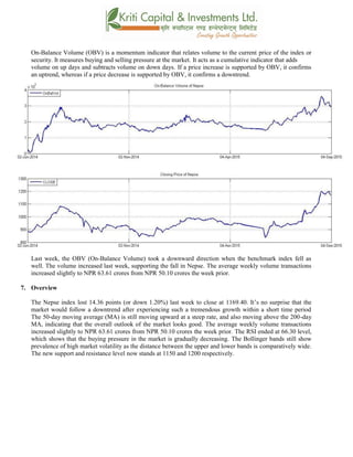 On-Balance Volume (OBV) is a momentum indicator that relates volume to the current price of the index or
security. It measures buying and selling pressure at the market. It acts as a cumulative indicator that adds
volume on up days and subtracts volume on down days. If a price increase is supported by OBV, it confirms
an uptrend, whereas if a price decrease is supported by OBV, it confirms a downtrend.
Last week, the OBV (On-Balance Volume) took a downward direction when the benchmark index fell as
well. The volume increased last week, supporting the fall in Nepse. The average weekly volume transactions
increased slightly to NPR 63.61 crores from NPR 50.10 crores the week prior.
7. Overview
The Nepse index lost 14.36 points (or down 1.20%) last week to close at 1169.40. It’s no surprise that the
market would follow a downtrend after experiencing such a tremendous growth within a short time period
The 50-day moving average (MA) is still moving upward at a steep rate, and also moving above the 200-day
MA, indicating that the overall outlook of the market looks good. The average weekly volume transactions
increased slightly to NPR 63.61 crores from NPR 50.10 crores the week prior. The RSI ended at 66.30 level,
which shows that the buying pressure in the market is gradually decreasing. The Bollinger bands still show
prevalence of high market volatility as the distance between the upper and lower bands is comparatively wide.
The new support and resistance level now stands at 1150 and 1200 respectively.
 