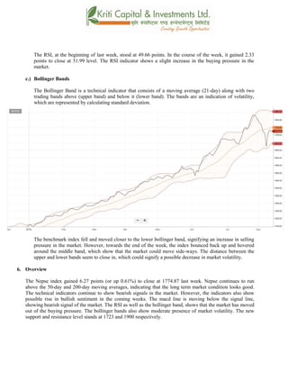The RSI, at the beginning of last week, stood at 49.66 points. In the course of the week, it gained 2.33
points to close at 51.99 level. The RSI indicator shows a slight increase in the buying pressure in the
market.
c.) Bollinger Bands
The Bollinger Band is a technical indicator that consists of a moving average (21-day) along with two
trading bands above (upper band) and below it (lower band). The bands are an indication of volatility,
which are represented by calculating standard deviation.
The benchmark index fell and moved closer to the lower bollinger band, signifying an increase in selling
pressure in the market. However, towards the end of the week, the index bounced back up and hovered
around the middle band, which show that the market could move side-ways. The distance between the
upper and lower bands seem to close in, which could signify a possible decrease in market volatility.
6. Overview
The Nepse index gained 6.27 points (or up 0.61%) to close at 1774.87 last week. Nepse continues to run
above the 50-day and 200-day moving averages, indicating that the long term market condition looks good.
The technical indicators continue to show bearish signals in the market. However, the indicators also show
possible rise in bullish sentiment in the coming weeks. The macd line is moving below the signal line,
showing bearish signal of the market. The RSI as well as the bollinger band, shows that the market has moved
out of the buying pressure. The bollinger bands also show moderate presence of market volatility. The new
support and resistance level stands at 1723 and 1900 respectively.
 