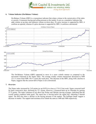6. Volume Indicator (On-Balance Volume)
On-Balance Volume (OBV) is a momentum indicator that relates volume to the current price of the index
or security. It measures buying and selling pressure at the market. It acts as a cumulative indicator that
adds volume on up days and subtracts volume on down days. If a price increase is supported by OBV, it
confirms an uptrend, whereas if a price decrease is supported by OBV, it confirms a downtrend.
The On-Balance Volume (OBV) appeared to move in a more volatile manner as compared to the
movement witnessed in the Nepse index. The average weekly volume transactions decreased to NPR
121.11 crores from NPR 150.77 crores the week prior. This decrease in the OBV, along with a decline in
Nepse, suggests that the current fall in Nepse is not a downtrend.
7. Overview
The Nepse index increased by 2.43 points (or up 0.03%) to close at 1718.15 last week. Nepse corrected itself
for three consecutive days, declining by 32.1 points. However, it bounced back up on Thursday by gaining
27.72 points. The index continues to run above the 50-day and 200-day moving averages, indicating that the
overall market condition looks good. The macd line is moving below the signal line, indicating a bearish
signal. The RSI also show a decline in the buying pressure in the market. The bollinger bands suggest a
decrease in market. The support and resistance level stands the same at 1600 and 1800 respectively.
 