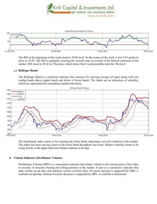 The RSI at the beginning of the week stood at 38.86 level. In the course of the week, it lost 5.01 points to
close at 33.85. The RSI is gradually entering the oversell zone as a result of the bearish sentiment in the
market. RSI stood at 30.42 on Thursday, which shows that it could possible enter the 30s level.
c.) Bollinger Bands
The Bollinger Band is a technical indicator that consists of a moving average (21-day) along with two
trading bands above (upper band) and below it (lower band). The bands are an indication of volatility,
which are represented by calculating standard deviation.
The benchmark index seems to be touching the lower band, indicating over-sell condition in the market.
The index has been moving closer to the lower band throughout last week. Market volatility seems to be
rising slowly as the upper and lower bands continue to diverge.
6. Volume Indicator (On-Balance Volume)
On-Balance Volume (OBV) is a momentum indicator that relates volume to the current price of the index
or security. It measures buying and selling pressure at the market. It acts as a cumulative indicator that
adds volume on up days and subtracts volume on down days. If a price increase is supported by OBV, it
confirms an uptrend, whereas if a price decrease is supported by OBV, it confirms a downtrend.
 