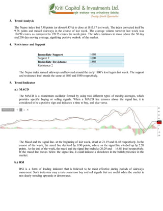 3. Trend Analysis
The Nepse index lost 7.88 points (or down 0.43%) to close at 1815.17 last week. The index corrected itself by
9.76 points and moved sideways in the course of last week. The average volume turnover last week was
124.99 crores as compared to 170.75 crores the week prior. The index continues to move above the 50 day
and 200 day moving average, signifying positive outlook of the market.
4. Resistance and Support
Immediate Support 1680
Support 2 1600
Immediate Resistance 1880
Resistance 2
The Nepse index moved sideways and hovered around the early 1800’s level again last week. The support
and resistance level stands the same at 1680 and 1880 respectively.
5. Trend Indicator
a.) MACD
The MACD is a momentum oscillator formed by using two different types of moving averages, which
provides specific buying or selling signals. When a MACD line crosses above the signal line, it is
considered to be a positive sign and indicates a time to buy, and vice-versa.
The Macd and the signal line, at the beginning of last week, stood at 21.19 and 14.48 respectively. In the
course of the week, the macd line declined by 0.90 points, where as the signal line climbed up by 2.20
points. At the end of the week, the macd and the signal line ended at 20.29 and 16.68 level respectively.
If the macd line moves below the signal line, it could indicate a slowdown in the bullish presence in the
market.
b.) RSI
RSI is a form of leading indicator that is believed to be most effective during periods of sideways
movement. Such indicators may create numerous buy and sell signals that are useful when the market is
not clearly trending upwards or downwards.
 