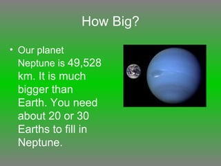 How Big? Our planet Neptune is  49,528 km. It is much bigger than Earth. You need about 20 or 30 Earths to fill in Neptune.   