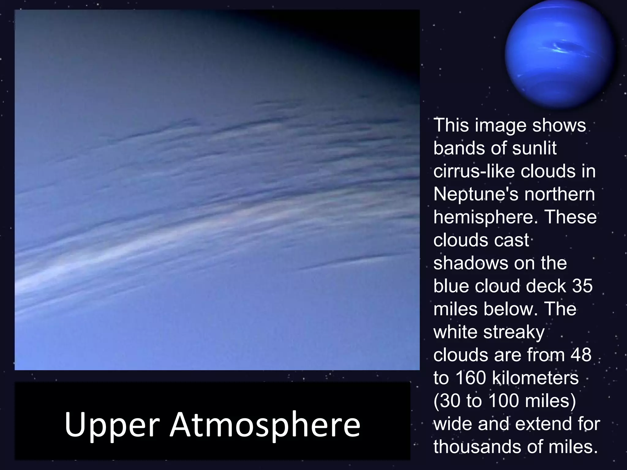 This image shows
                   bands of sunlit
                   cirrus-like clouds in
                   Neptune's northern
                   hemisphere. These
                   clouds cast
                   shadows on the
                   blue cloud deck 35
                   miles below. The
                   white streaky
                   clouds are from 48
                   to 160 kilometers
                   (30 to 100 miles)
Upper Atmosphere   wide and extend for
                   thousands of miles.
 
