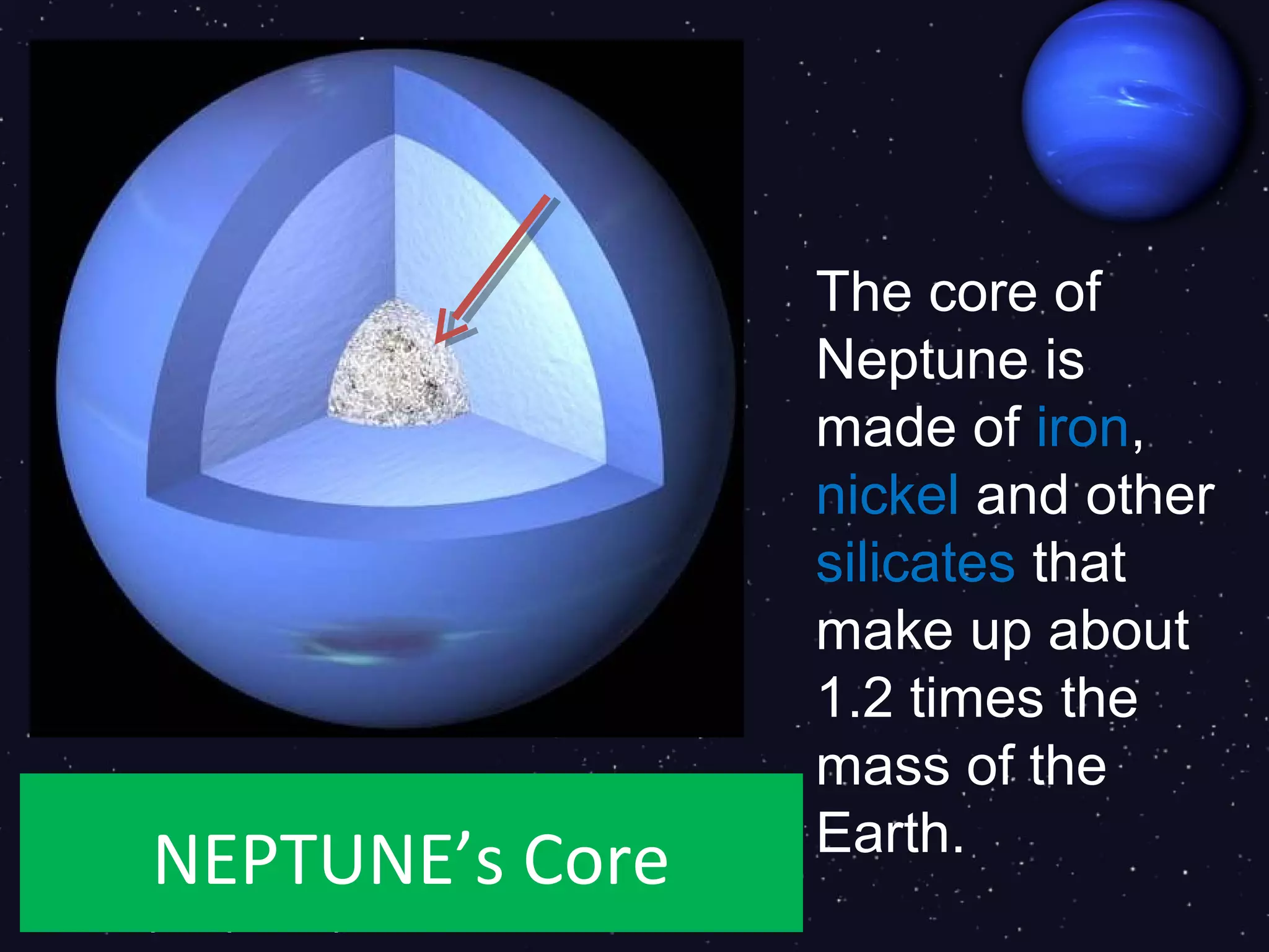 The core of
                 Neptune is
                 made of iron,
                 nickel and other
                 silicates that
                 make up about
                 1.2 times the
                 mass of the
                 Earth.
NEPTUNE’s Core
 