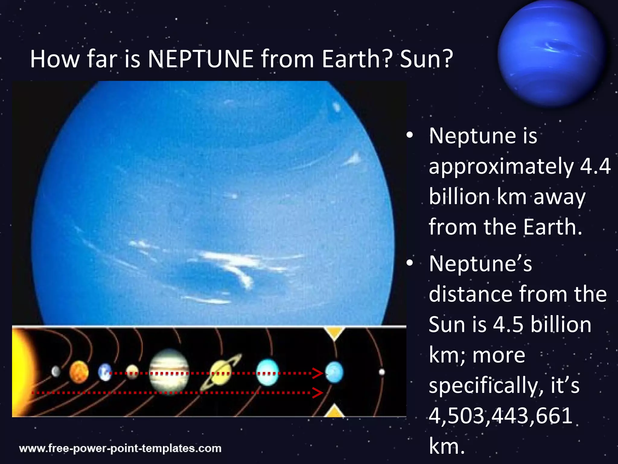 How far is NEPTUNE from Earth? Sun?

                              • Neptune is
                                approximately 4.4
                                billion km away
                                from the Earth.
                              • Neptune’s
                                distance from the
                                Sun is 4.5 billion
                                km; more
                                specifically, it’s
                                4,503,443,661
                                km.
 