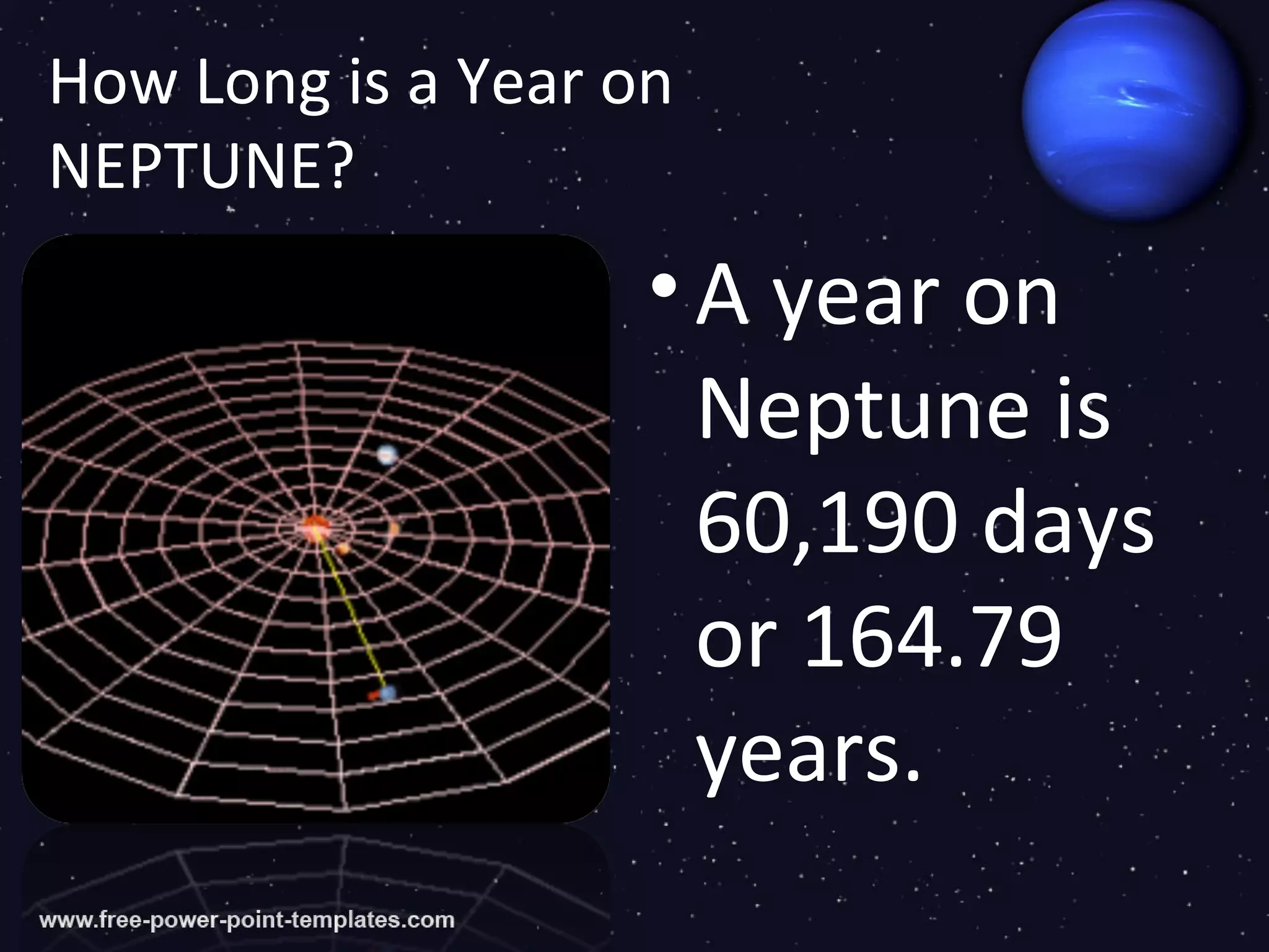 How Long is a Year on
NEPTUNE?
                    • A year on
                      Neptune is
                      60,190 days
                      or 164.79
                      years.
 