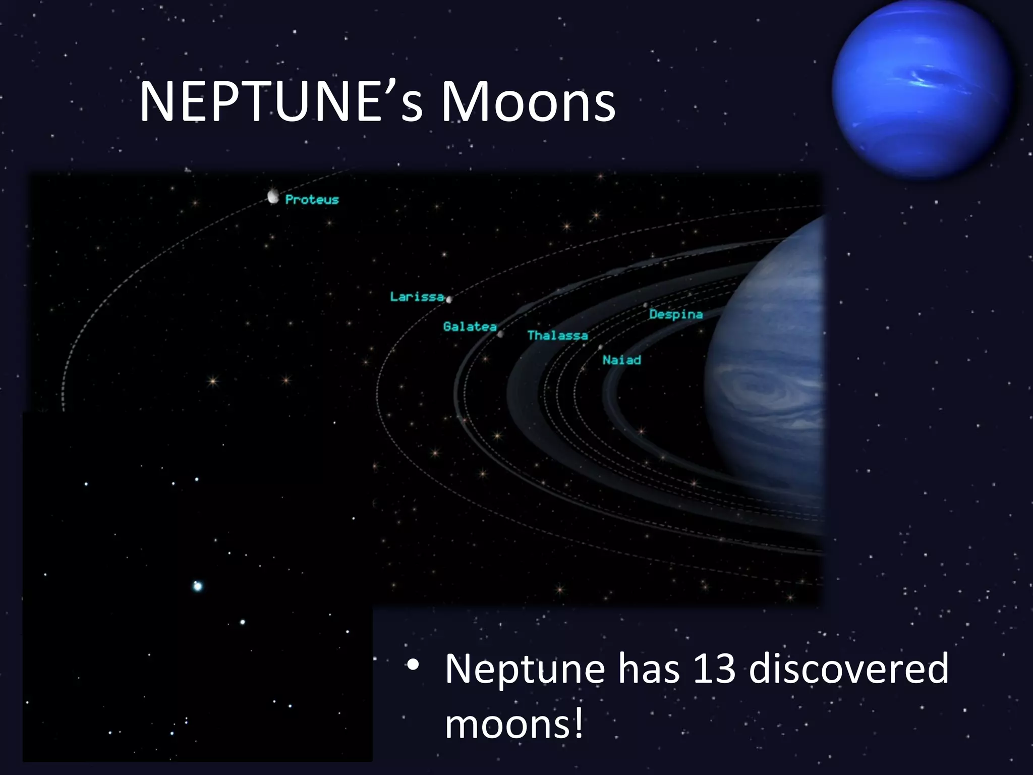 NEPTUNE’s Moons




        • Neptune has 13 discovered
          moons!
 