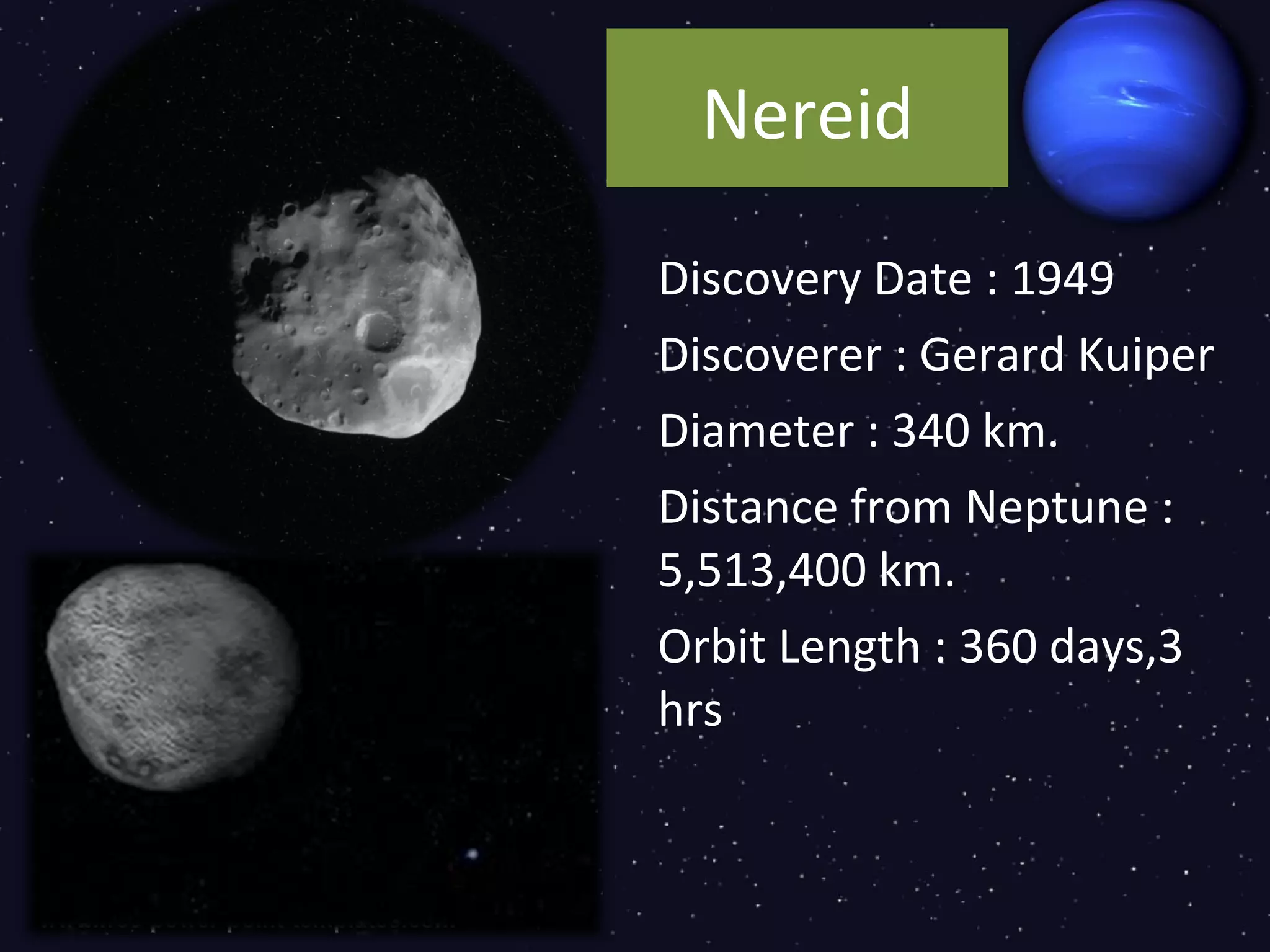 Nereid

Discovery Date : 1949
Discoverer : Gerard Kuiper
Diameter : 340 km.
Distance from Neptune :
5,513,400 km.
Orbit Length : 360 days,3
hrs
 