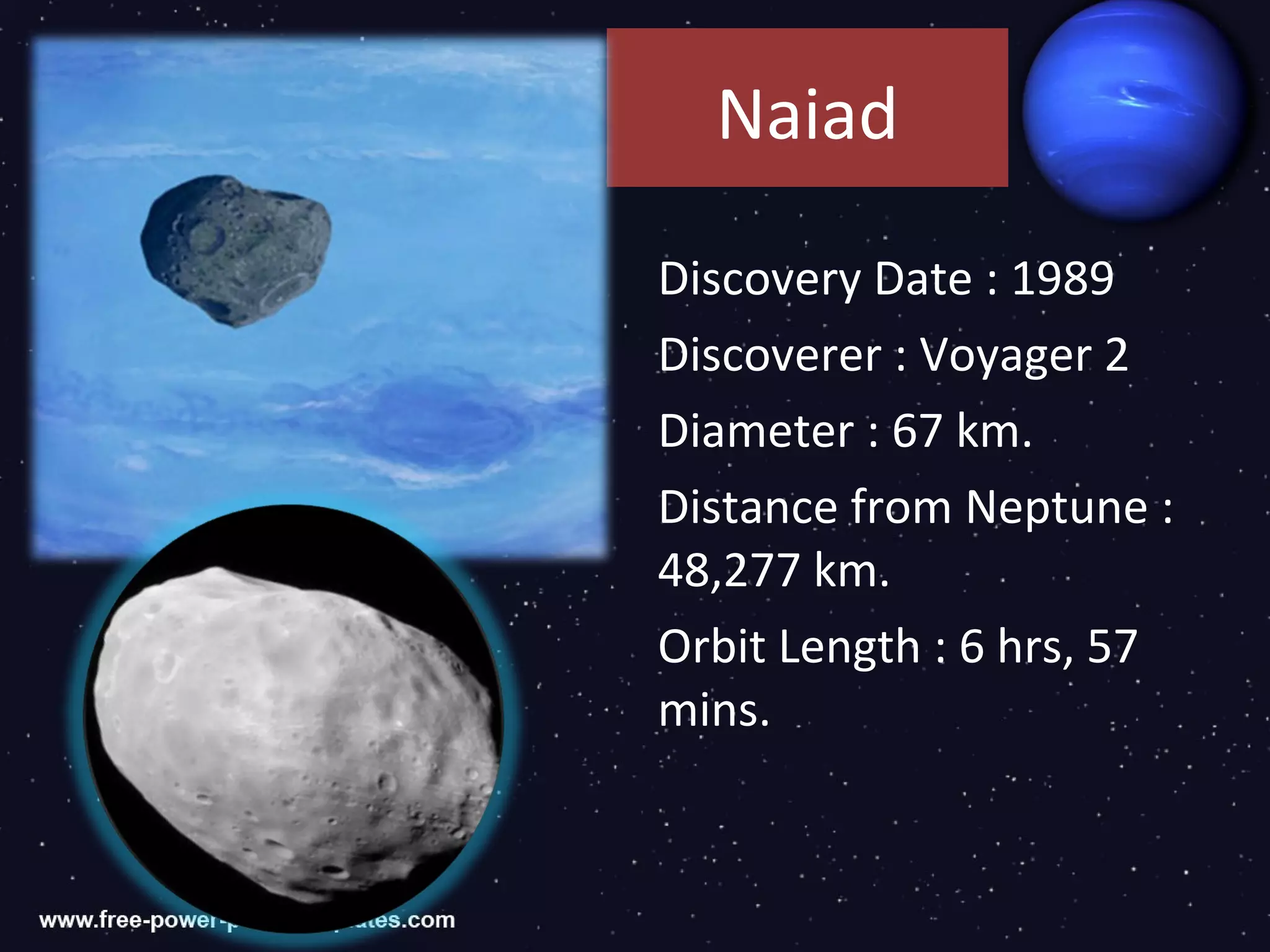 Naiad

Discovery Date : 1989
Discoverer : Voyager 2
Diameter : 67 km.
Distance from Neptune :
48,277 km.
Orbit Length : 6 hrs, 57
mins.
 