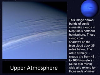 This image shows
                   bands of sunlit
                   cirrus-like clouds in
                   Neptune's northern
                   hemisphere. These
                   clouds cast
                   shadows on the
                   blue cloud deck 35
                   miles below. The
                   white streaky
                   clouds are from 48
                   to 160 kilometers
                   (30 to 100 miles)
Upper Atmosphere   wide and extend for
                   thousands of miles.
 