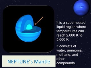It is a superheated
                   liquid region where
                   temperatures can
                   reach 2,000 K to
                   5,000 K.
                   It consists of
                   water, ammonia,
                   methane, and
                   other
NEPTUNE’s Mantle   compounds.
 