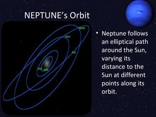 NEPTUNE’s Orbit
                  • Neptune follows
                    an elliptical path
                    around the Sun,
                    varying its
                    distance to the
                    Sun at different
                    points along its
                    orbit.
 