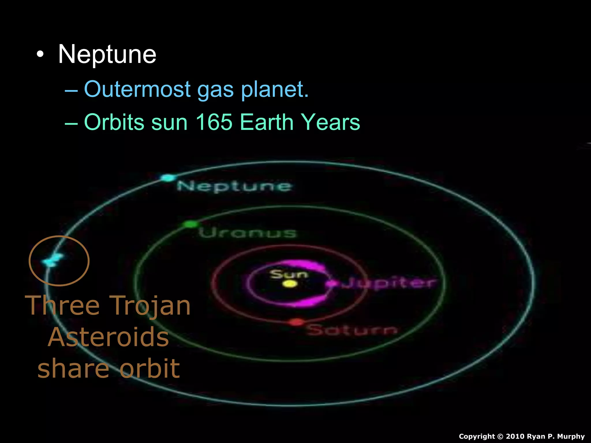• Neptune
– Outermost gas planet.
– Orbits sun 165 Earth Years
– Made of mostly hydrogen and some Helium
• Also Molten Rock, Methane, Water, Ammonia
– Winds of 1,200 mph
– 4 faint rings
– 13 Moons
Copyright © 2010 Ryan P. Murphy
Three Trojan
Asteroids
share orbit
 