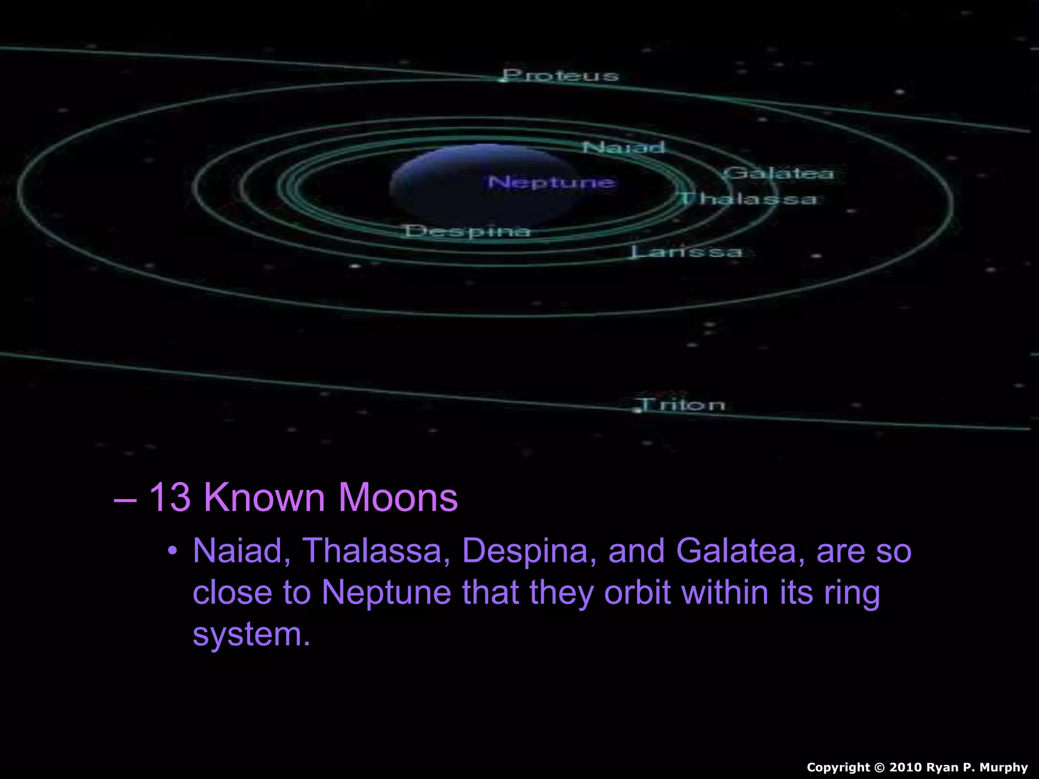 • Neptune
– Outermost gas planet.
– Orbits sun 165 Earth Years
– Made of mostly hydrogen and some Helium
• Also Molten Rock, Methane, Water, Ammonia
– Winds of 1,200 mph
– 4 faint rings
– 13 Known Moons
• Naiad, Thalassa, Despina, and Galatea, are so
close to Neptune that they orbit within its ring
system.
Copyright © 2010 Ryan P. Murphy
 