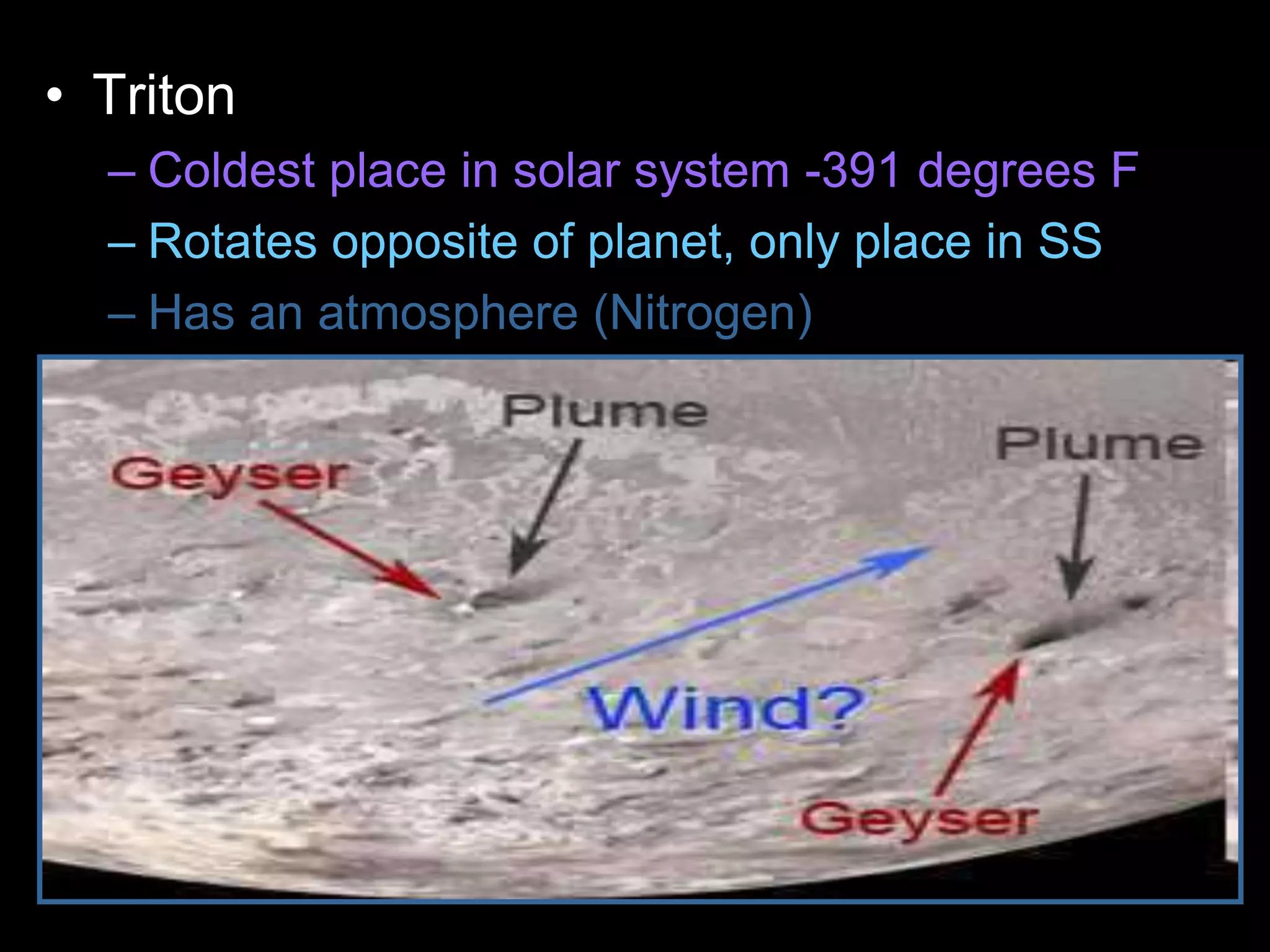 • Triton
– Coldest place in solar system -391 degrees F
– Rotates opposite of planet, only place in SS
– Has an atmosphere (Nitrogen)
 