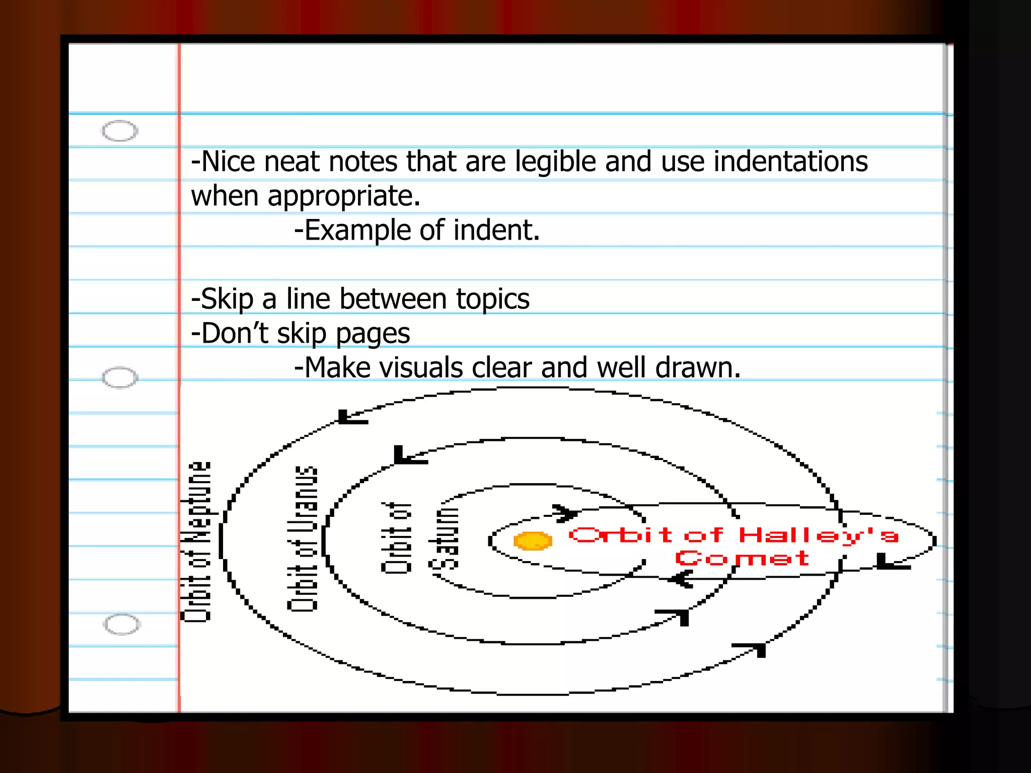 -Nice neat notes that are legible and use indentations
when appropriate.
-Example of indent.
-Skip a line between topics
-Don’t skip pages
-Make visuals clear and well drawn.
 