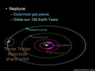 • Neptune
– Outermost gas planet.
– Orbits sun 165 Earth Years
– Made of mostly hydrogen and some Helium
• Also Molten Rock, Methane, Water, Ammonia
– Winds of 1,200 mph
– 4 faint rings
– 13 Moons
Copyright © 2010 Ryan P. Murphy
Three Trojan
Asteroids
share orbit
 